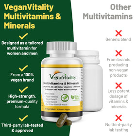 Vegan Vitality multivitamines avec étiquette claire de composition