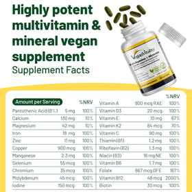 Vegan Vitality multivitamines sur une table avec d'autres compléments alimentaires