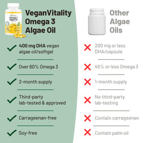 Vegan Vitality Omega 3 Végétal gélules sur une table en bois