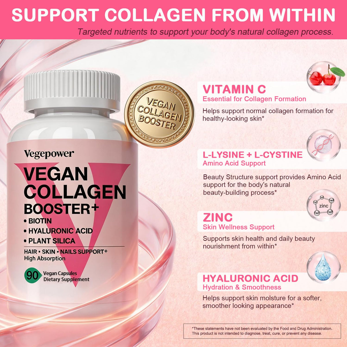 VEGEPOWER Complément Alimentaire Végétalien Collagène 10 000 mcg, capsules sur une surface
