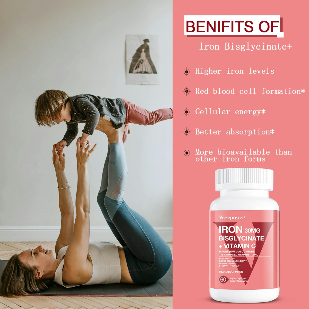 VEGEPOWER Fer Bisglycinate 30mg 60 Capsules Végétales sur une table
