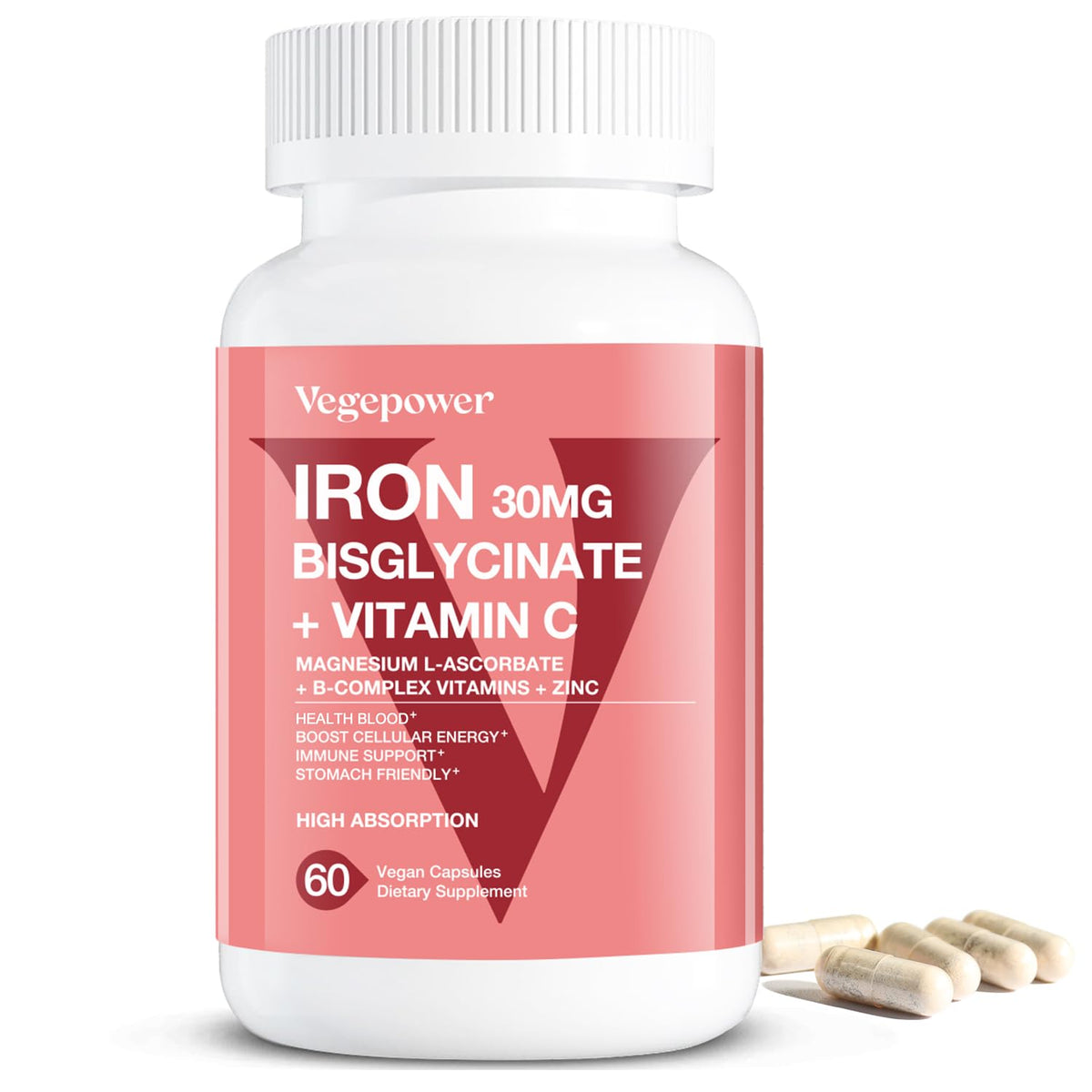 VEGEPOWER Fer Bisglycinate 30mg 60 Capsules Végétales vue de face
