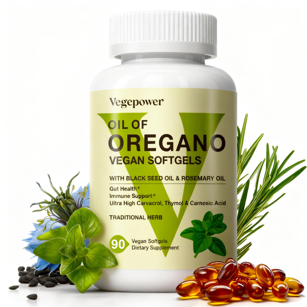 VEGEPOWER Huile d'Origan et Huile de Graines Noires 90 gélules végétales, vue de face