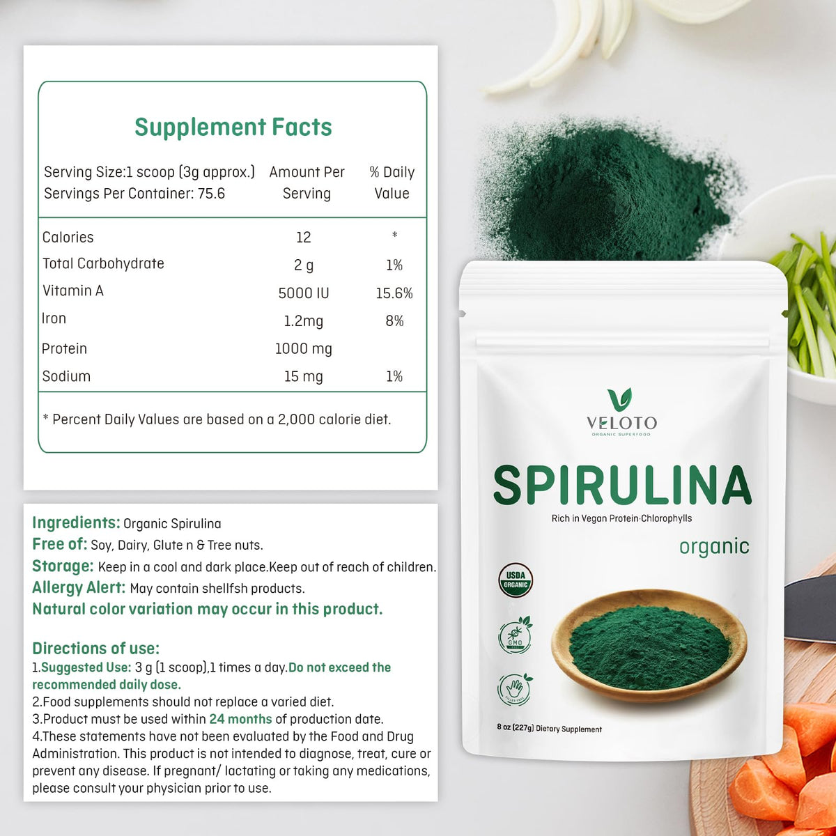 VELOTO Poudre de Spiruline Bio 240g mélange dans un smoothie