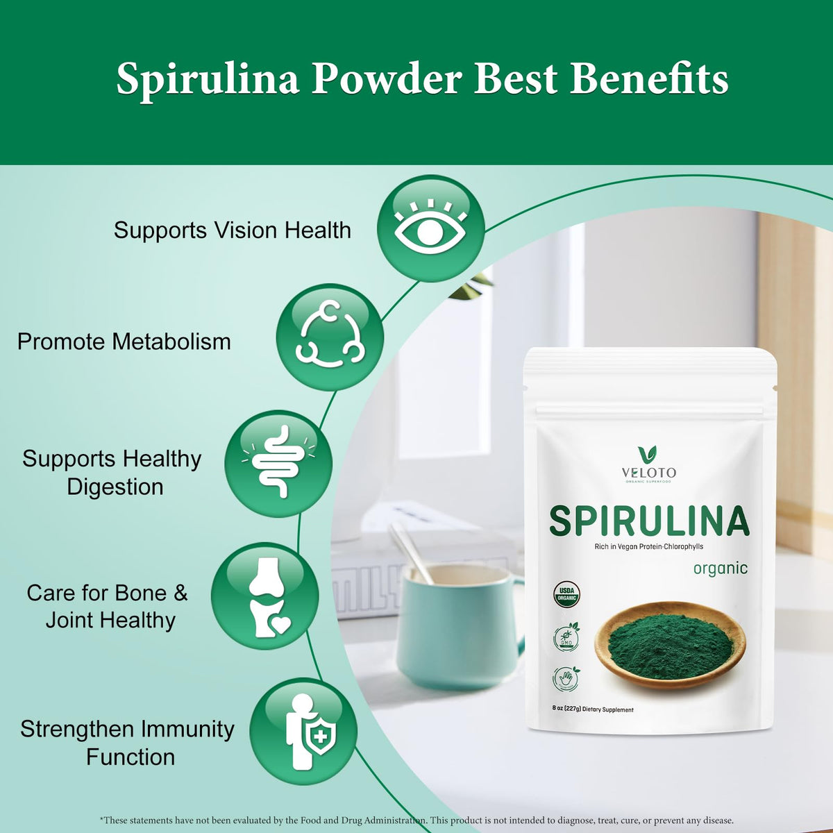 VELOTO Poudre de Spiruline Bio 240g sur une cuillère