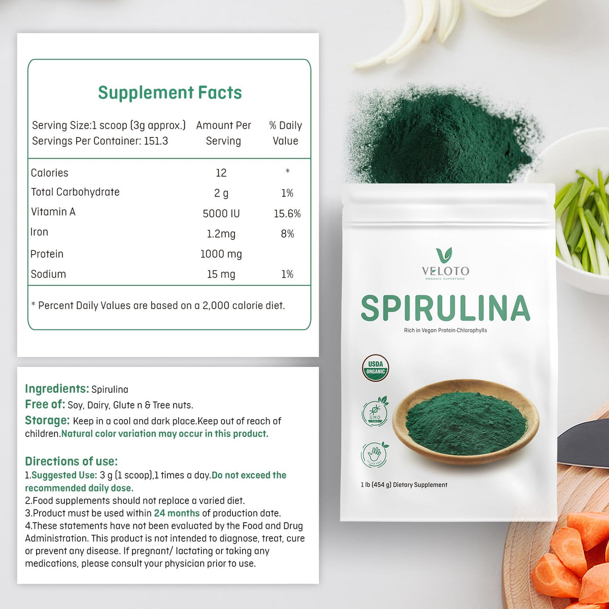 VELOTO Poudre de Spiruline Biologique 480g avec cuillère incluse