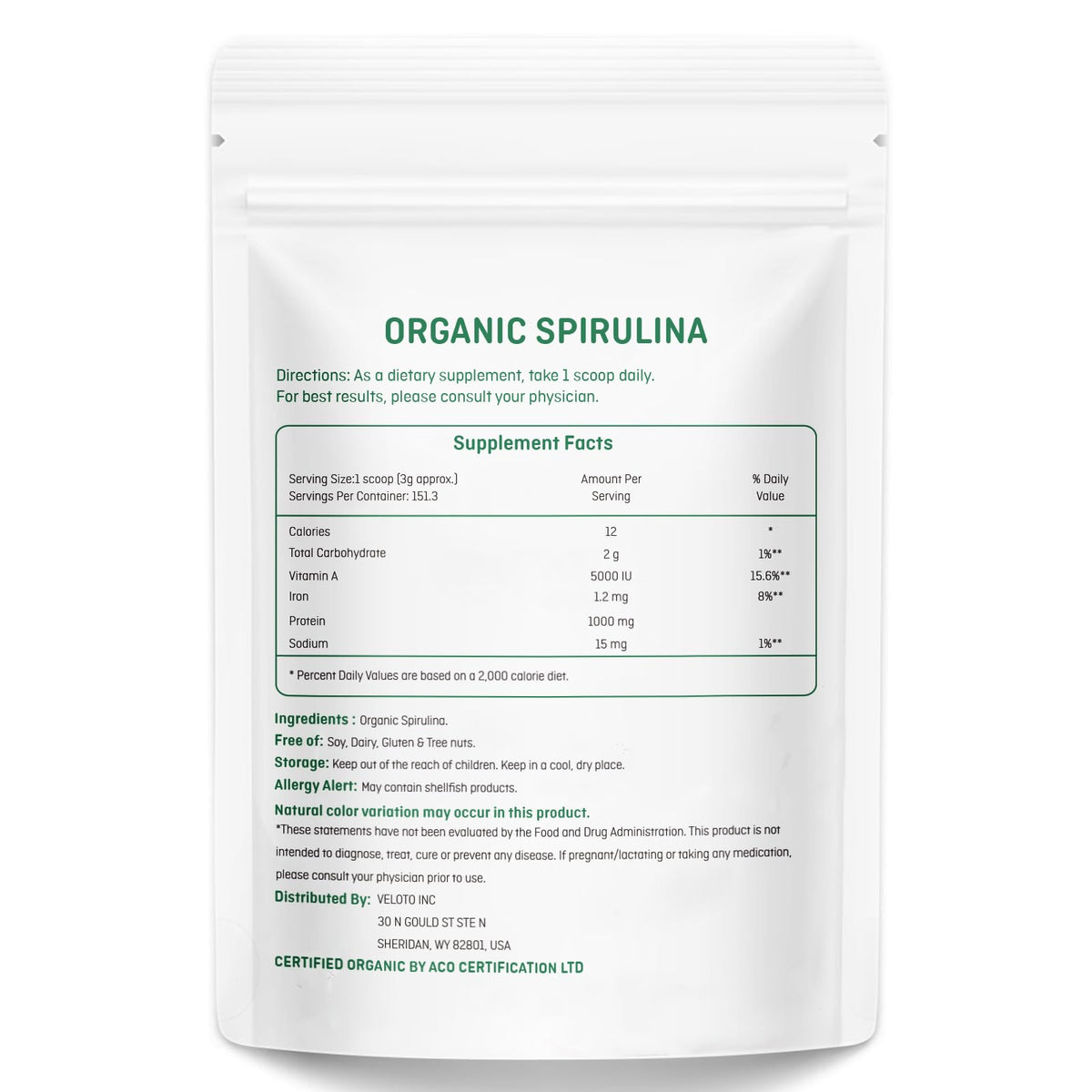 VELOTO Poudre de Spiruline Biologique 480g emballage et dosette