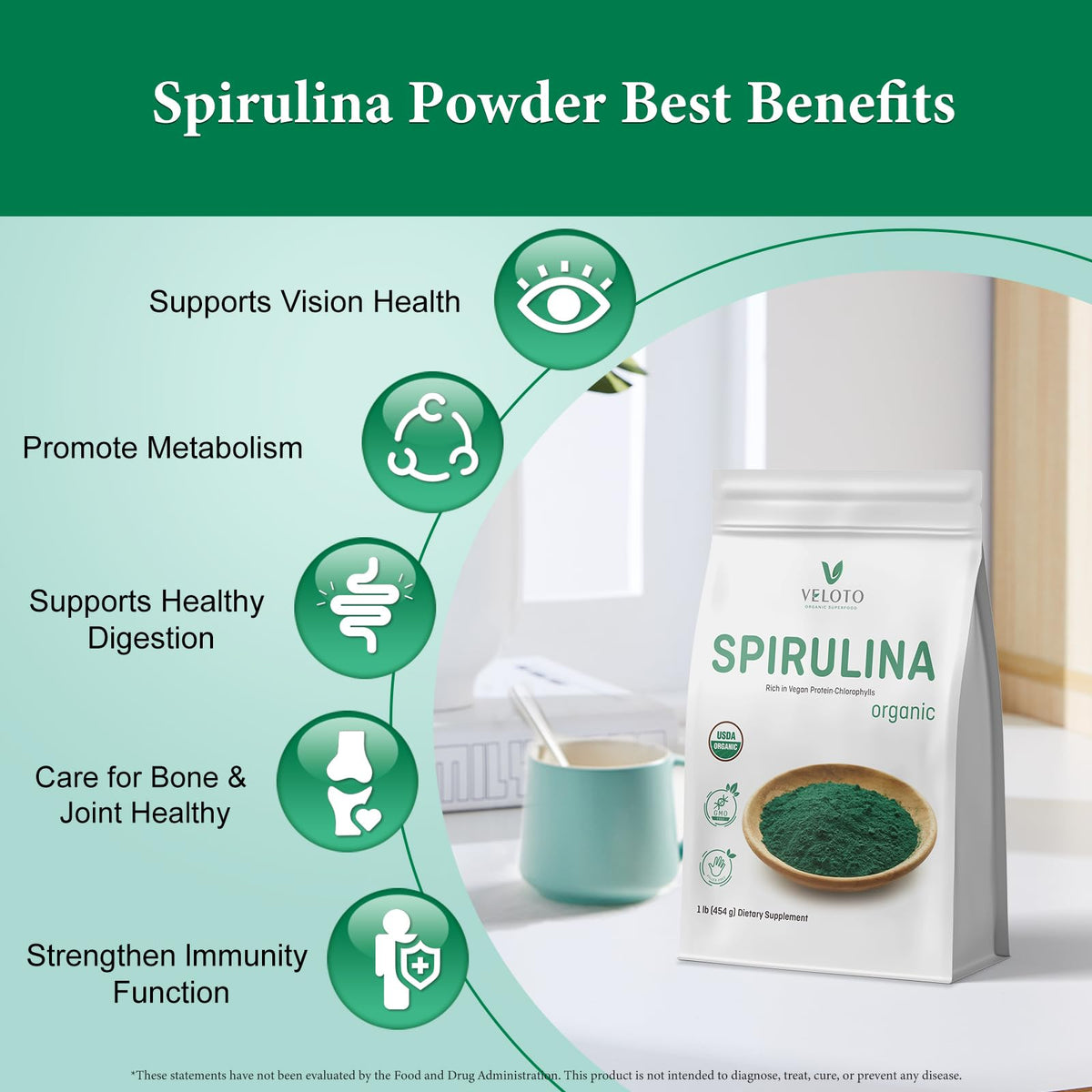 VELOTO Poudre de Spiruline Biologique 480g en mélange avec du yaourt