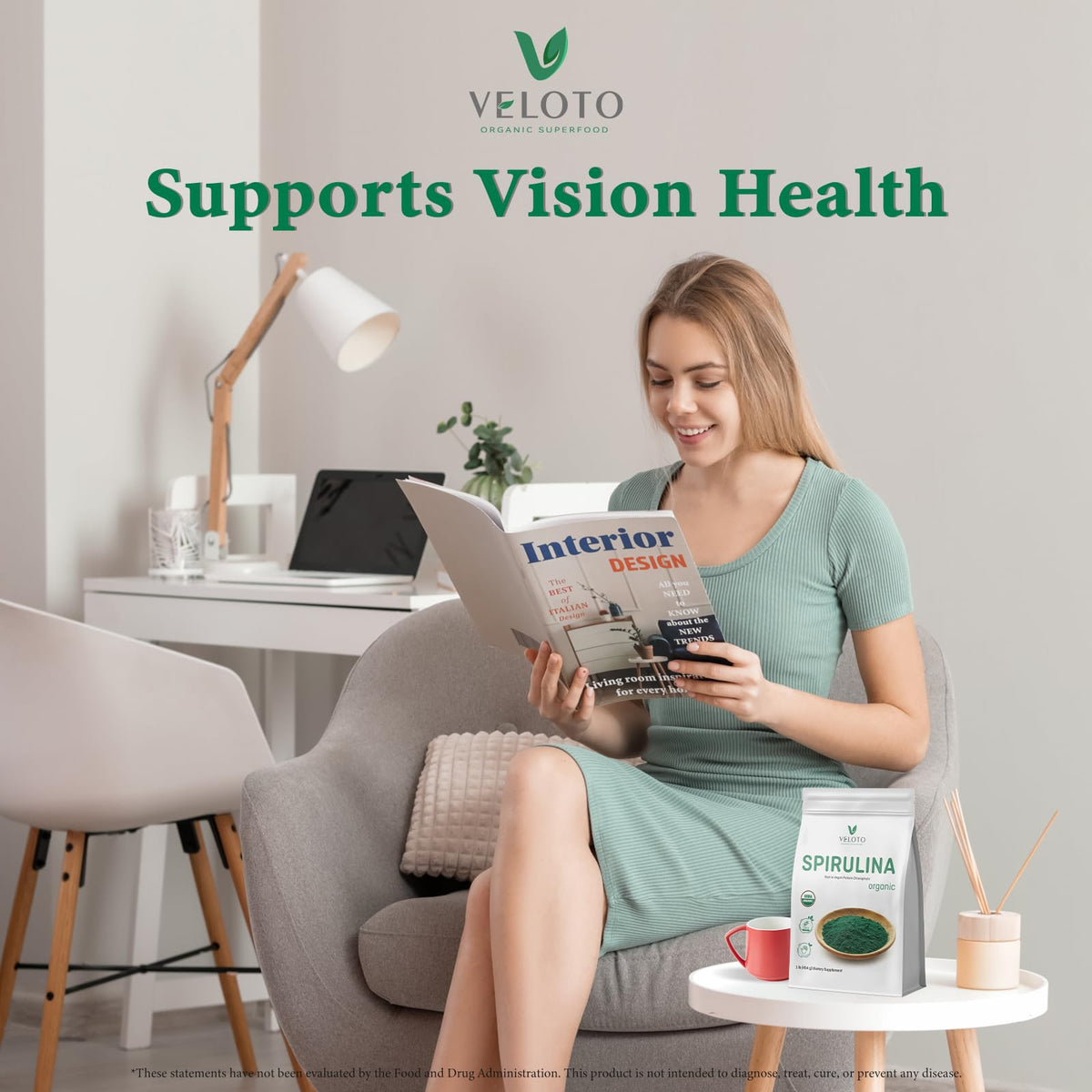 VELOTO Poudre de Spiruline Biologique 480g sur fond blanc