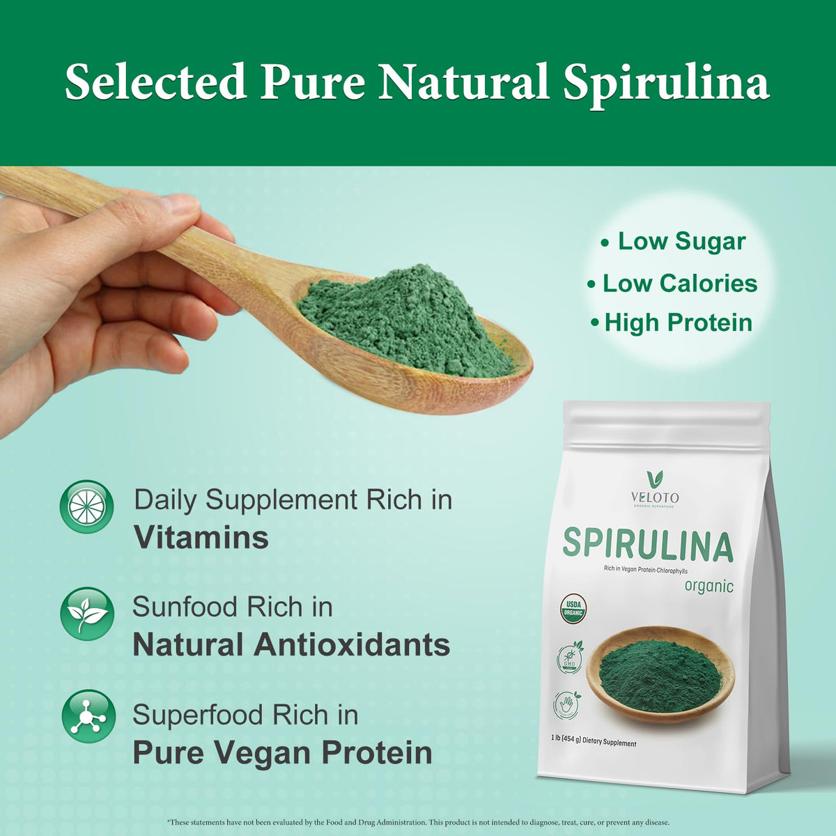 VELOTO Poudre de Spiruline Biologique 480g vue de côté