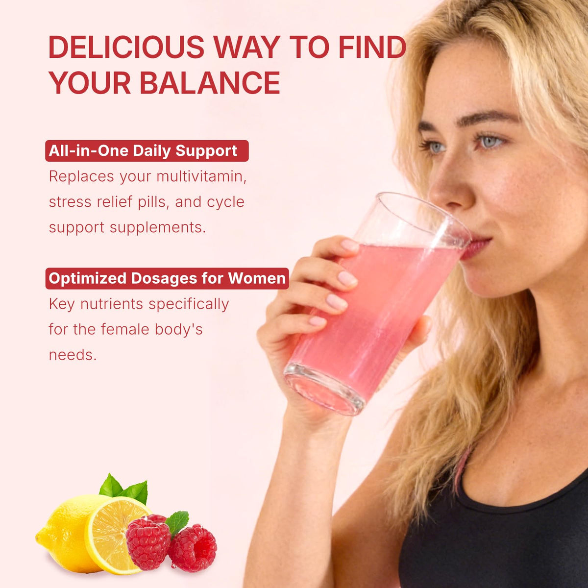 Veltracha Complément Alimentaire Femme Framboise Citron en utilisation dans un verre d'eau