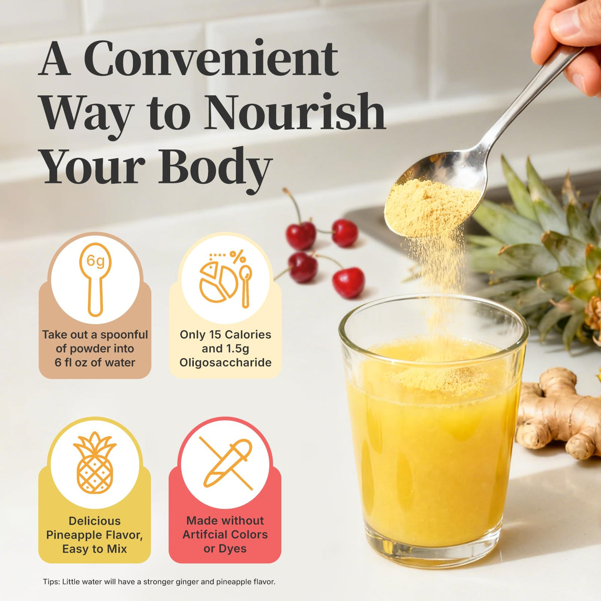 Veltracha Poudre de Shot au Gingembre Ananas Curcuma, présentation sur une table