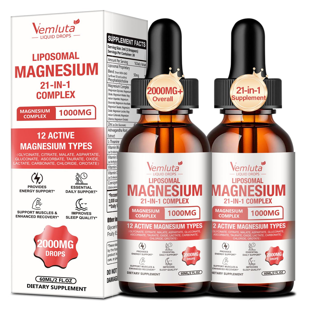 Vemluta 2 Packs 21-en-1 Complexe de Magnésium Liposomal 2000MG, flacon avant