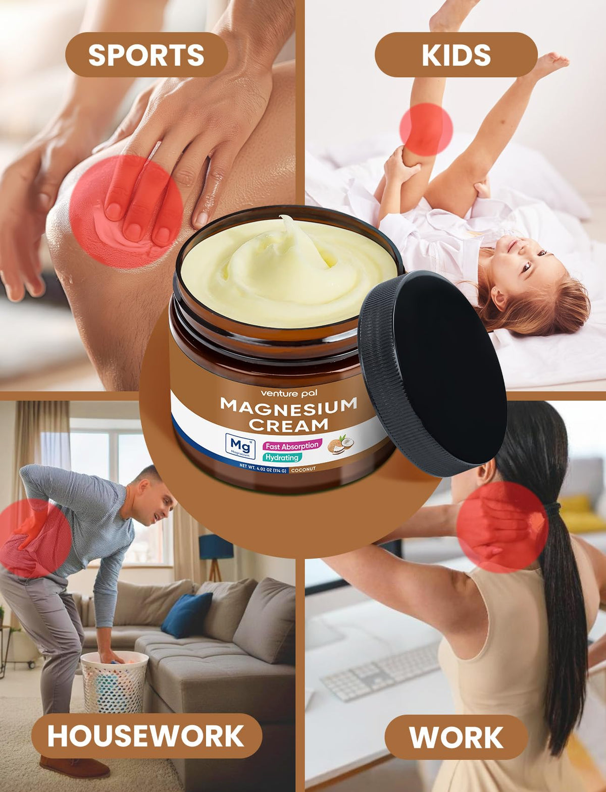 Venture Pal Crème de Magnésium Topique 141g application sur la peau