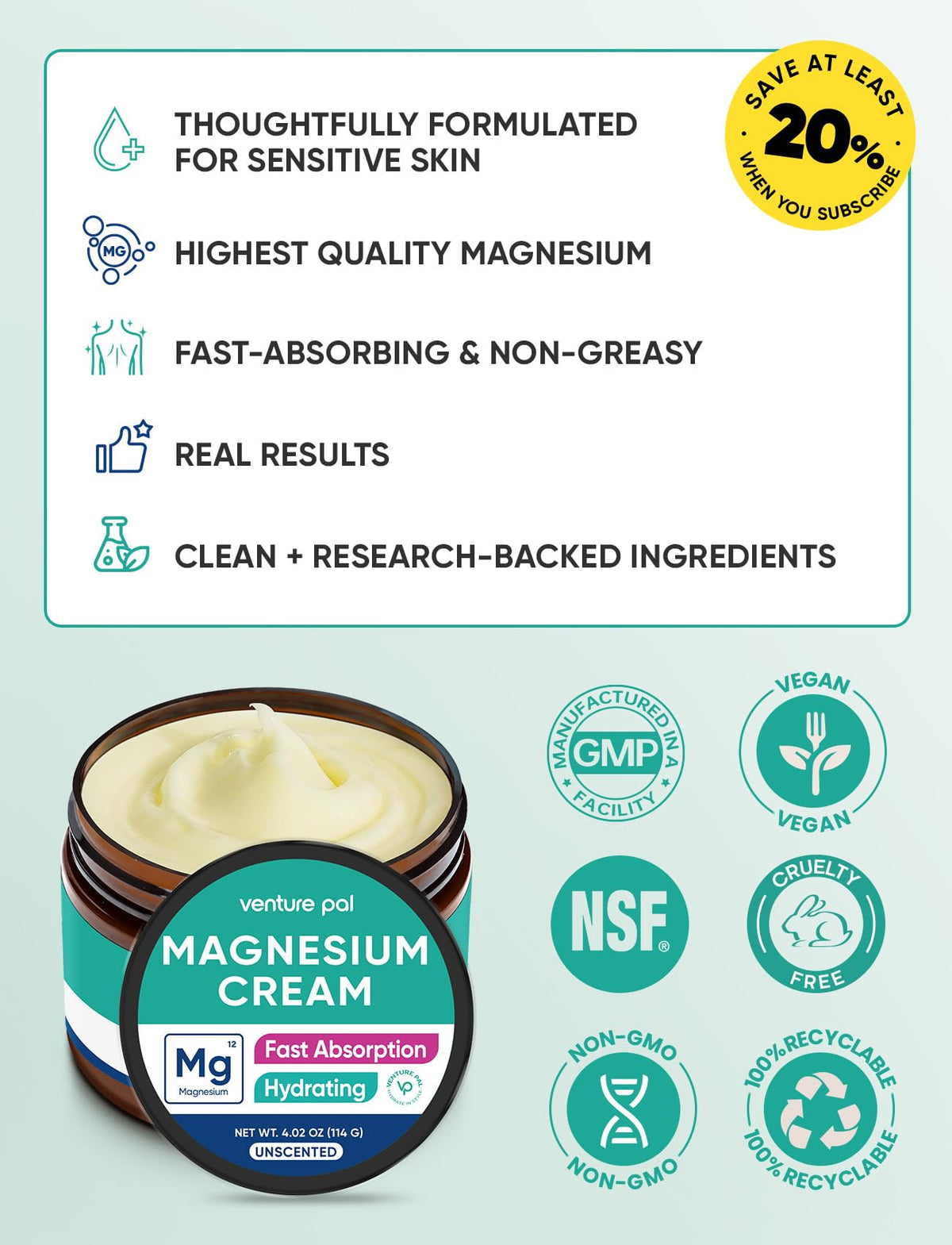 Venture Pal Crème Magnésium Topique 150g ingrédients sur l'emballage