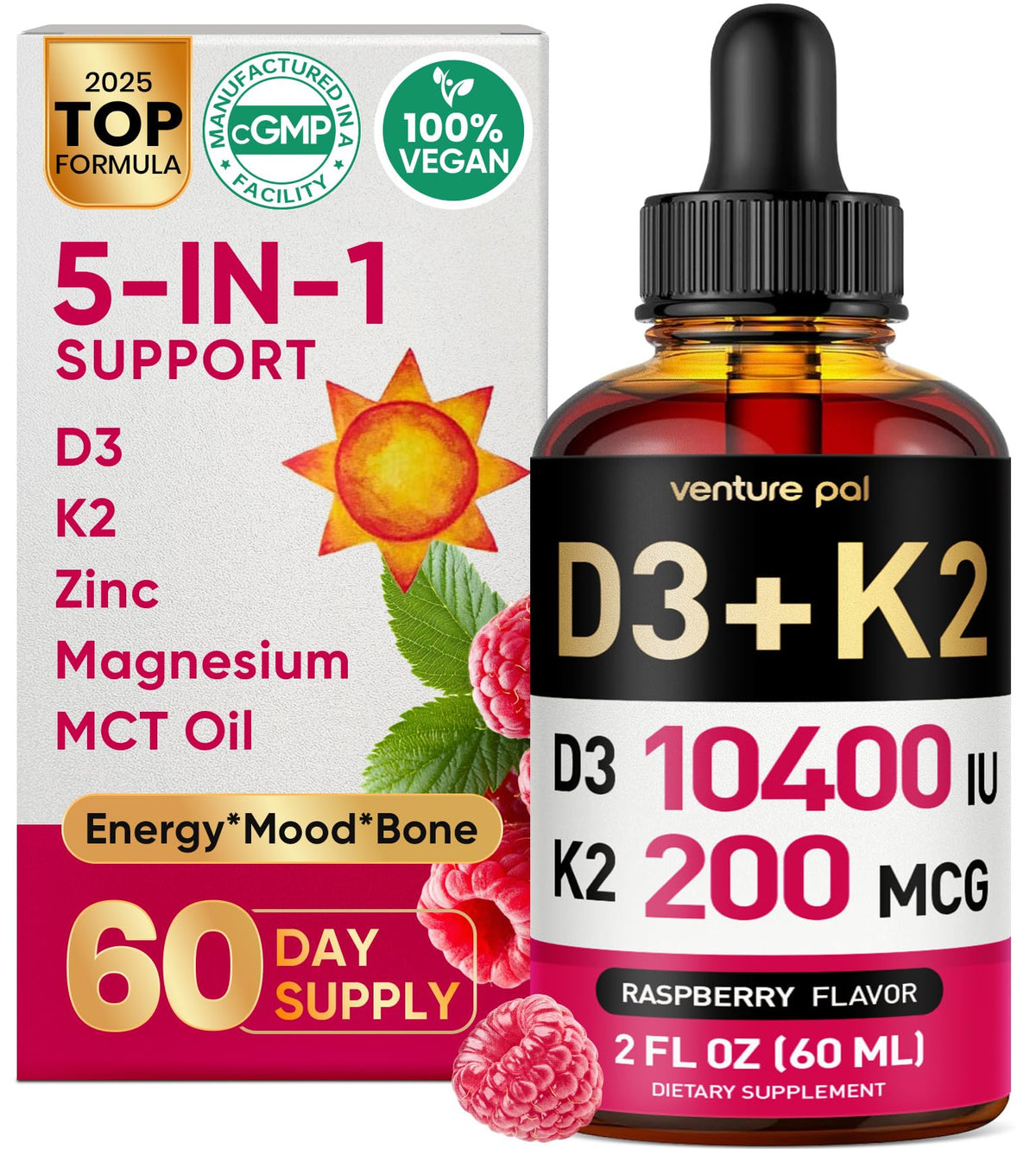 Venture Pal Gouttes de Vitamine D3 K2 5-en-1 bouteille avant