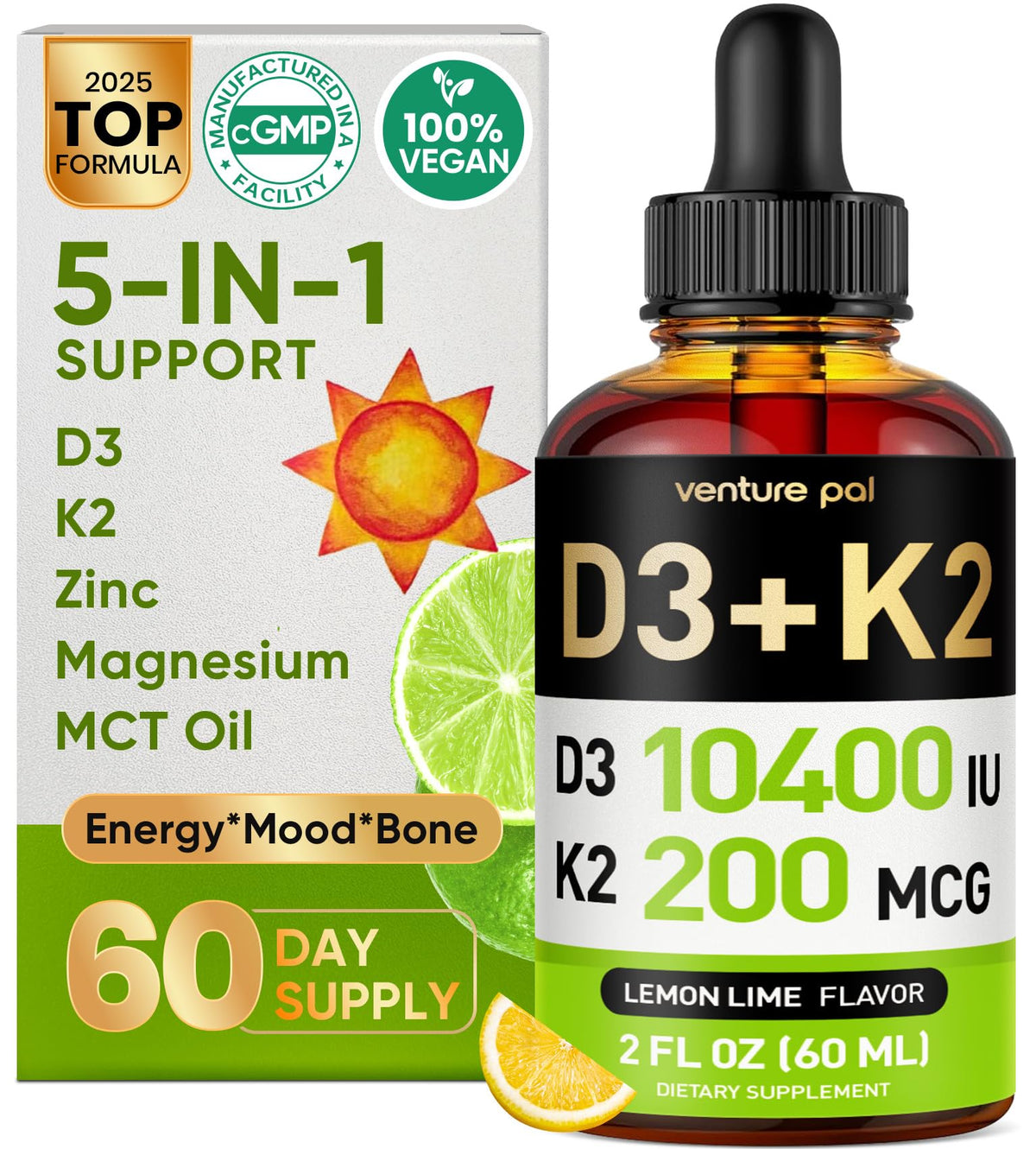 Venture Pal Gouttes de Vitamine D3 K2 5-en-1 flacon avant