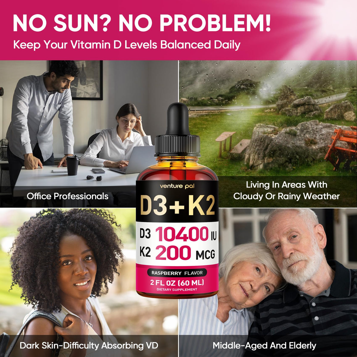 Venture Pal Gouttes de Vitamine D3 K2 5-en-1 sur une table de cuisine