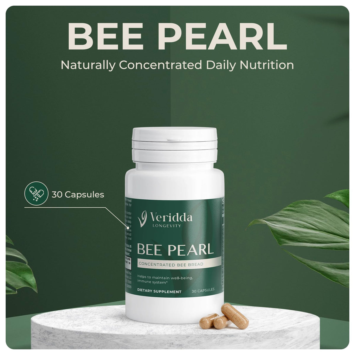 Veridda Longevity Capsules de Pollen d'Abeille 700 mg - vue arrière