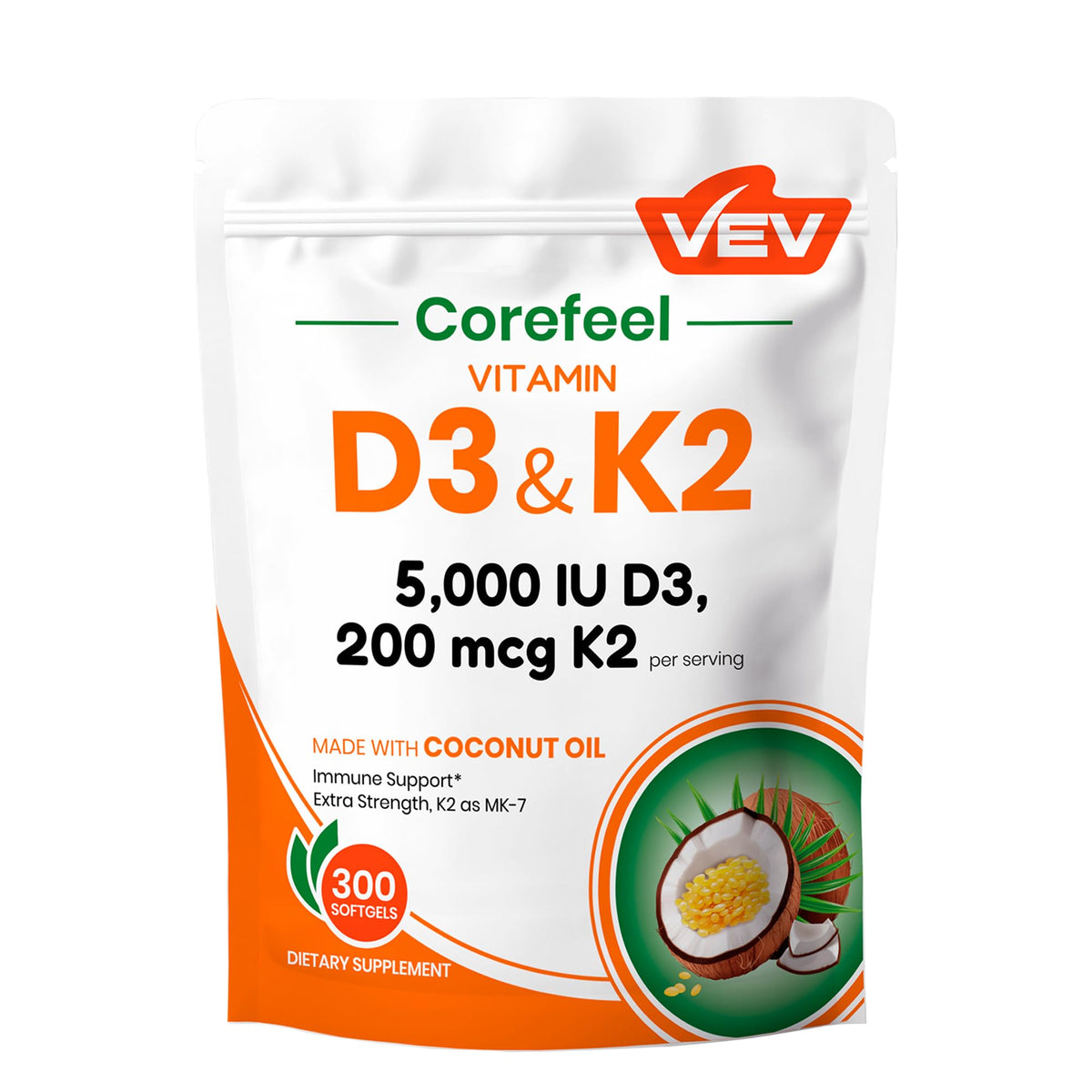 VEV Complément Alimentaire D3 K2 5 000 UI 300 gélules vue de face