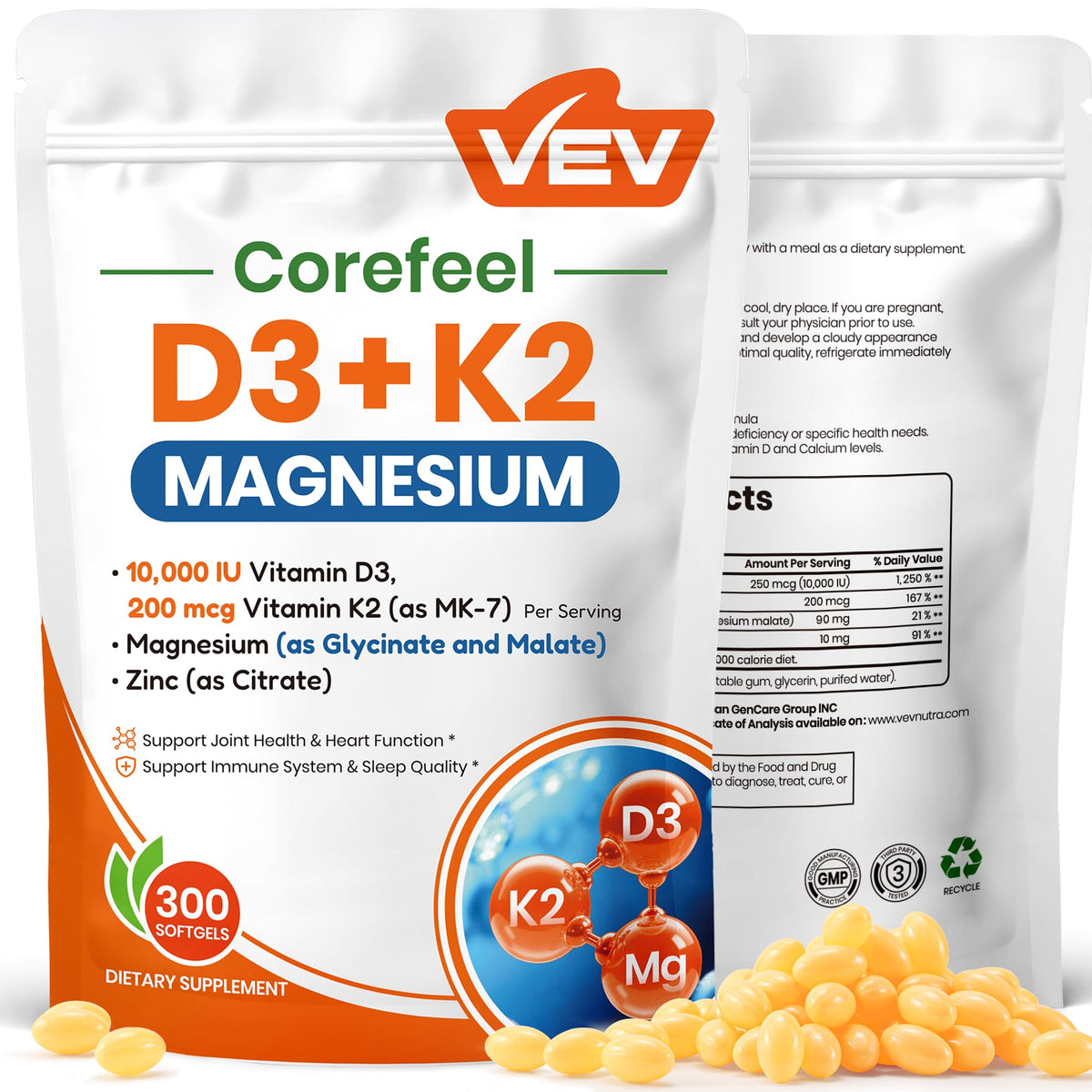 VEV Complément Alimentaire Vitamine D3 K2 10 000 UI gélules vue avant