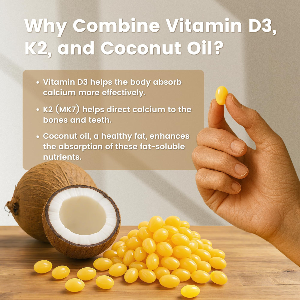 VEV D3 K2 300 gélules à base de coco sur un fond neutre