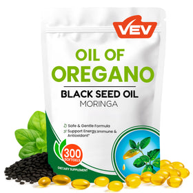 VEV Huile d'Origan 300 gélules avec huile de graines noires, avant du produit