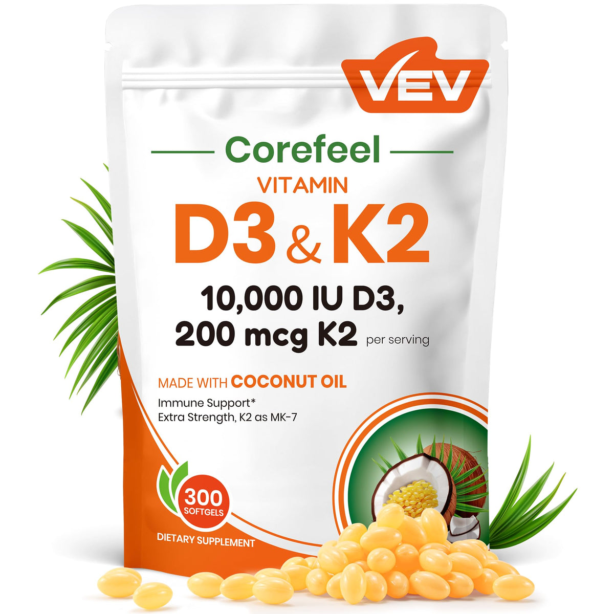 VEV Vitamine D3 K2 10 000 UI 200 mcg gélules de noix de coco vue de face