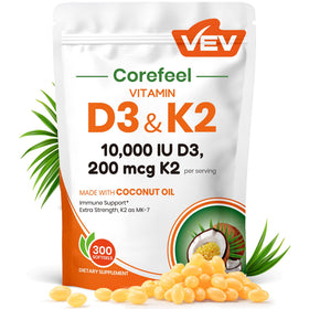 VEV Vitamine D3 K2 10 000 UI 200 mcg gélules de noix de coco vue de face