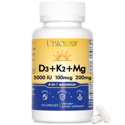 Vevoec UBIOSKA Vitamine D3 K2 Magnésium 5000 UI 60 capsules, vue avant