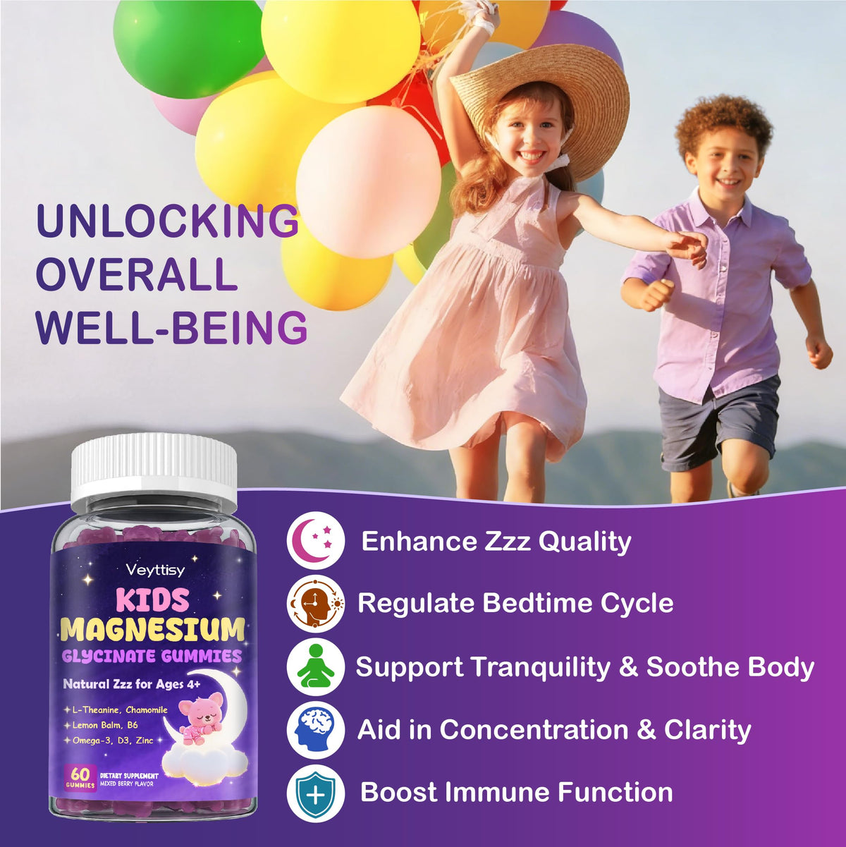Veyttisy gummies de magnésium glycinate, groupe d'enfants souriants avec le produit