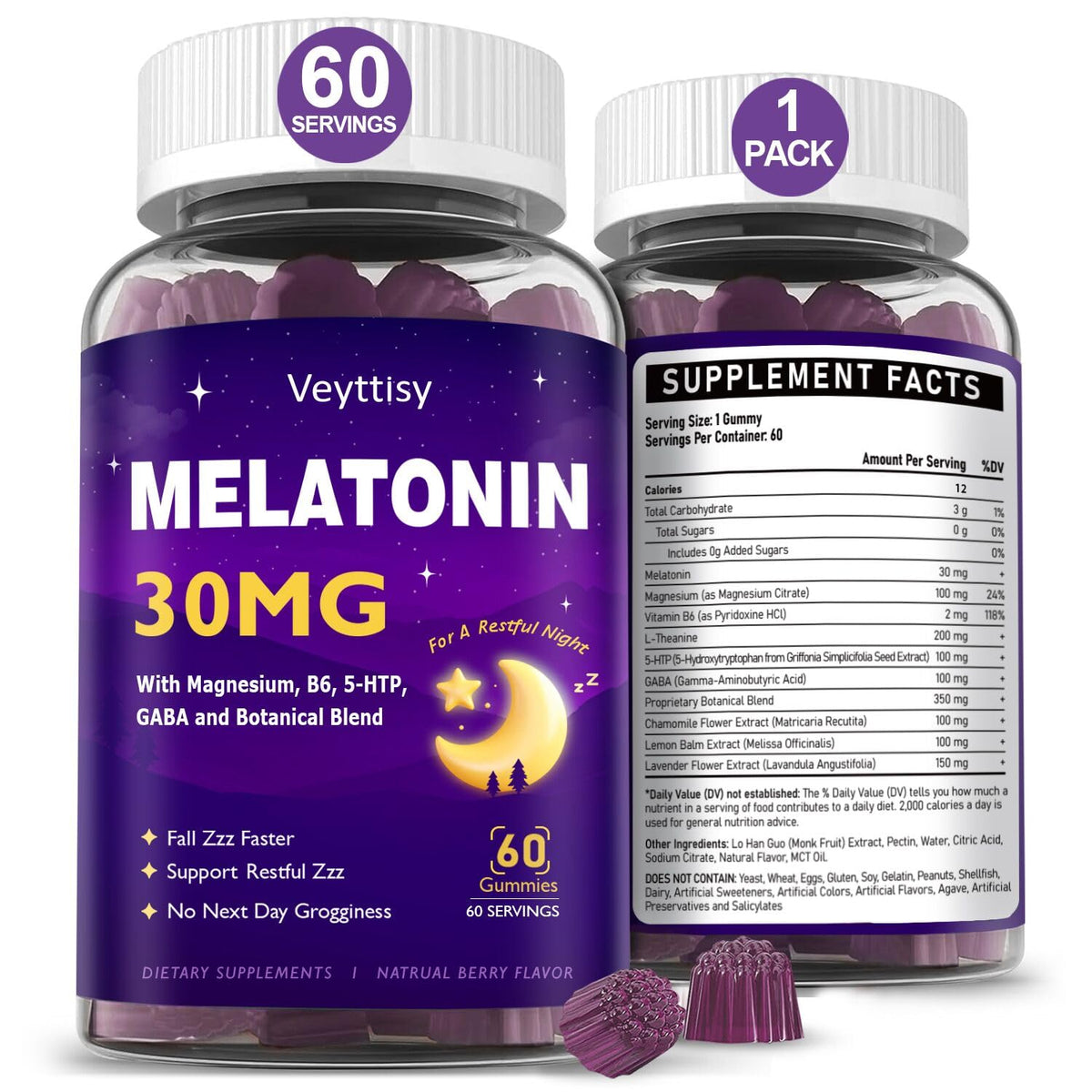 Veyttisy Gummies de Mélatonine 30mg vue avant avec emballage