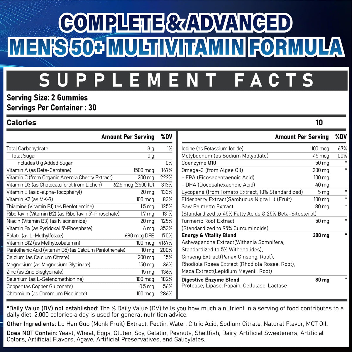 Veyttisy Gummies Multivitamines 50+ arrière, informations nutritionnelles