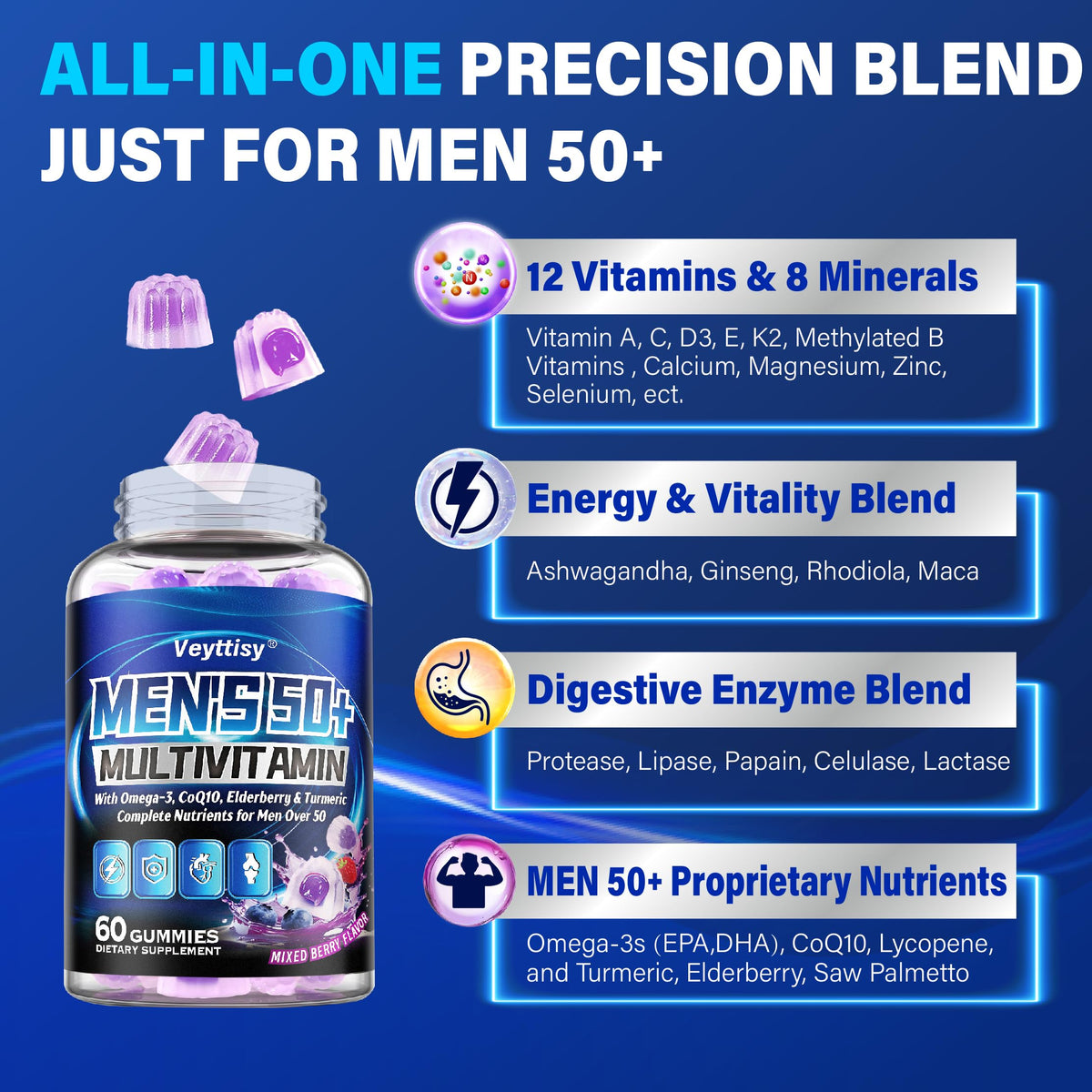 Veyttisy Gummies Multivitamines 50+ en situation, sur une table