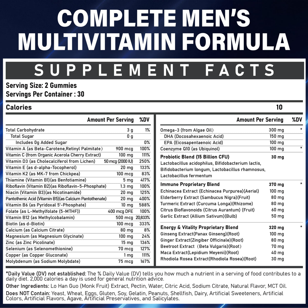 Veyttisy gummies multivitamines pour hommes, vue arrière de l'emballage