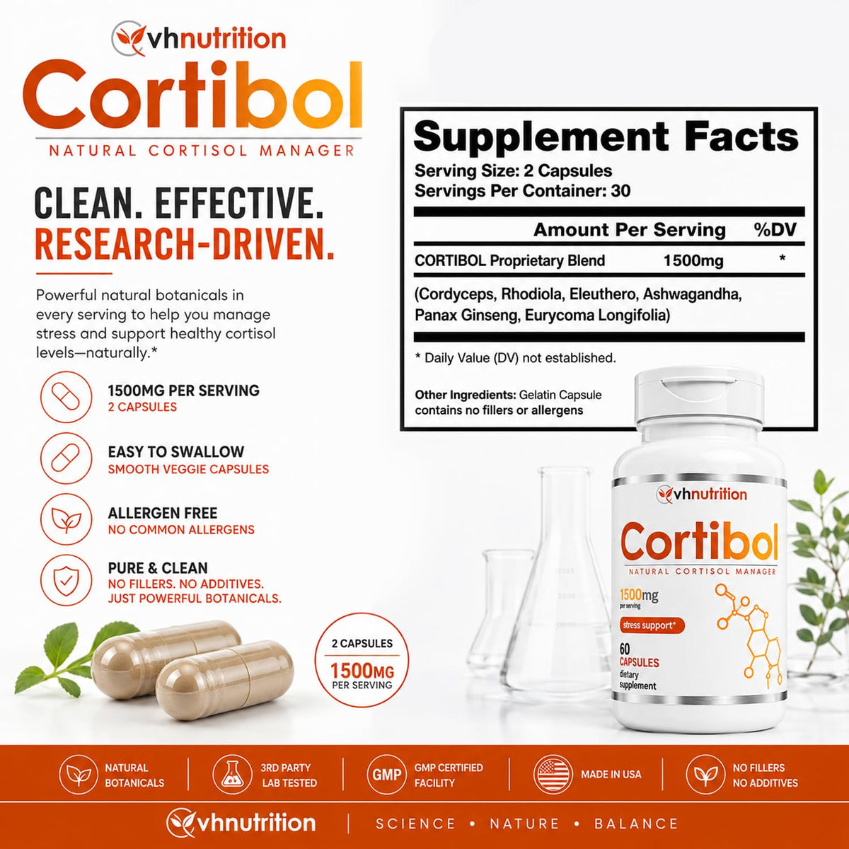 VH Nutrition CORTIBOL 60 capsules sur fond blanc