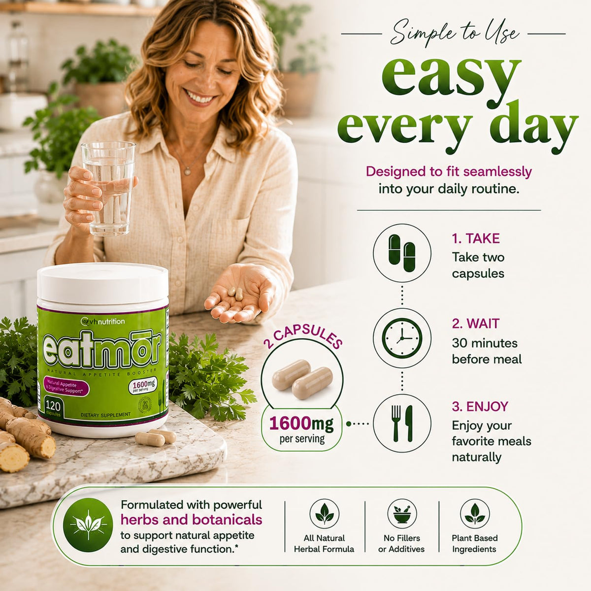 VH Nutrition Eatmor complément alimentaire 120 capsules en main