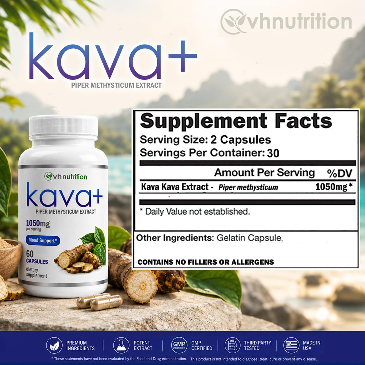 VH Nutrition KAVA+ 1050mg capsules on a wooden table