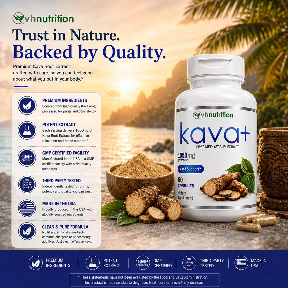 VH Nutrition KAVA+ 1050mg capsules with a glass of water