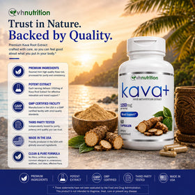 VH Nutrition KAVA+ 1050mg capsules with a glass of water