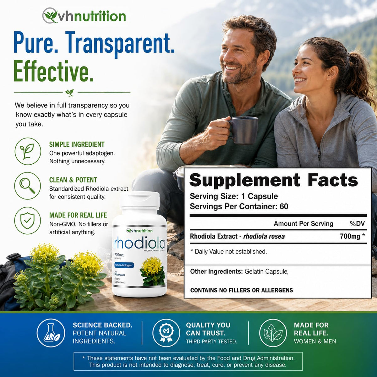 VH Nutrition Rhodiola Rosea capsules avec des herbes environnantes