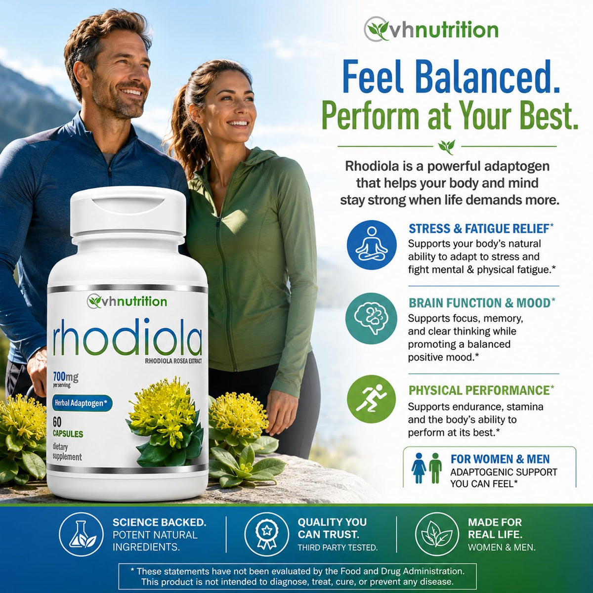 VH Nutrition Rhodiola Rosea capsules avec une main tenant le flacon