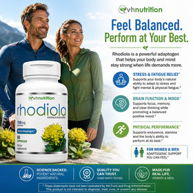 VH Nutrition Rhodiola Rosea capsules avec une main tenant le flacon