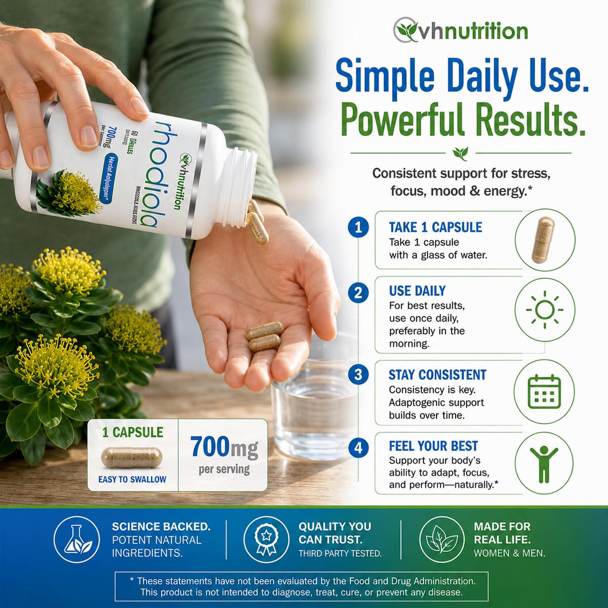 VH Nutrition Rhodiola Rosea capsules ouvertes avec un extrait