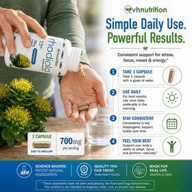 VH Nutrition Rhodiola Rosea capsules ouvertes avec un extrait