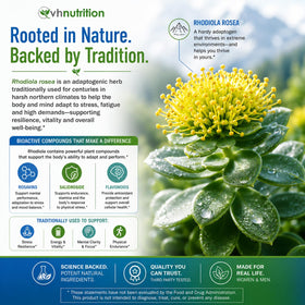 VH Nutrition Rhodiola Rosea capsules sur une table en bois