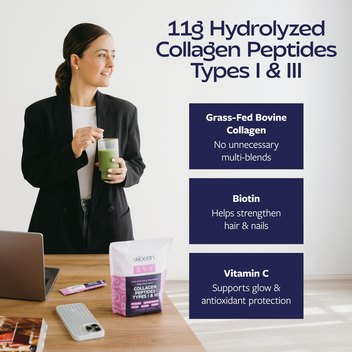 VIBEEN Poudre de Collagène Hydrolysé sur une table de cuisine