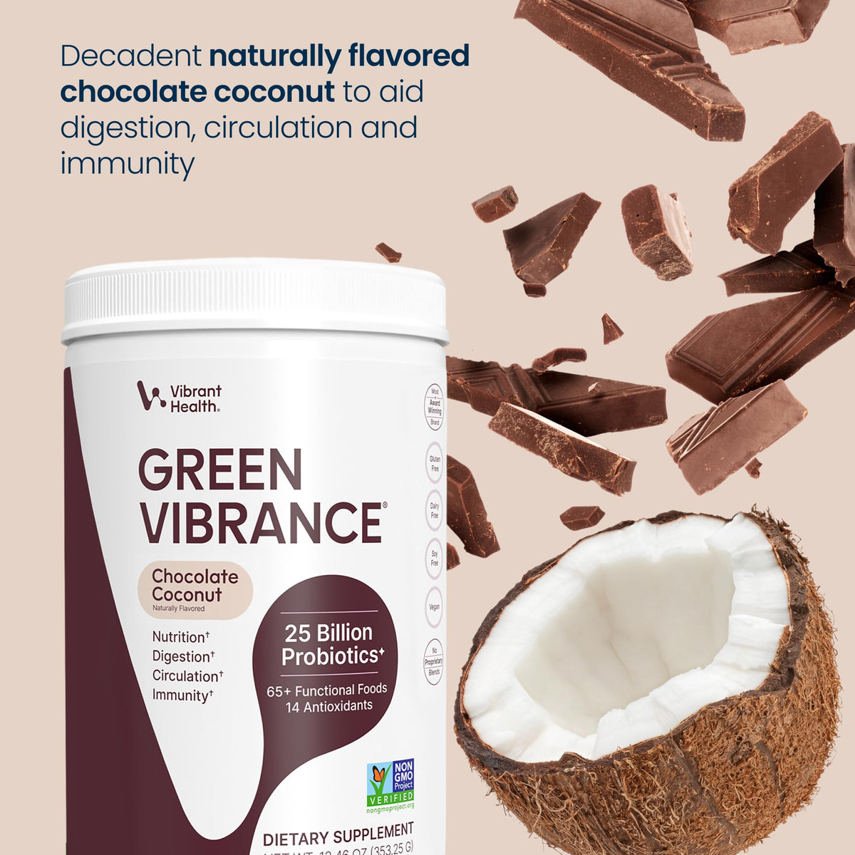 Vibrant Health Green Vibrance Poudre Superaliment Chocolat Coco 472g mélange dans un verre