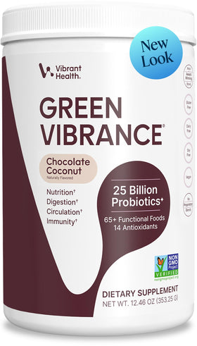 Vibrant Health Green Vibrance Poudre Superaliment Chocolat Coco 472g vue de face