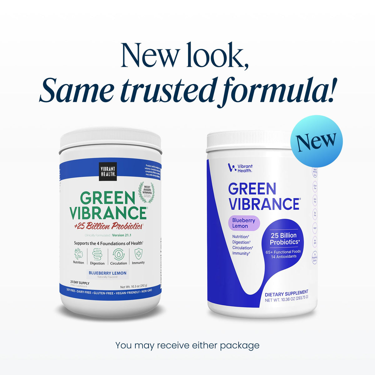 Vibrant Health Green Vibrance Poudre Superfoods 431g Goût Myrtille Citron emballage
